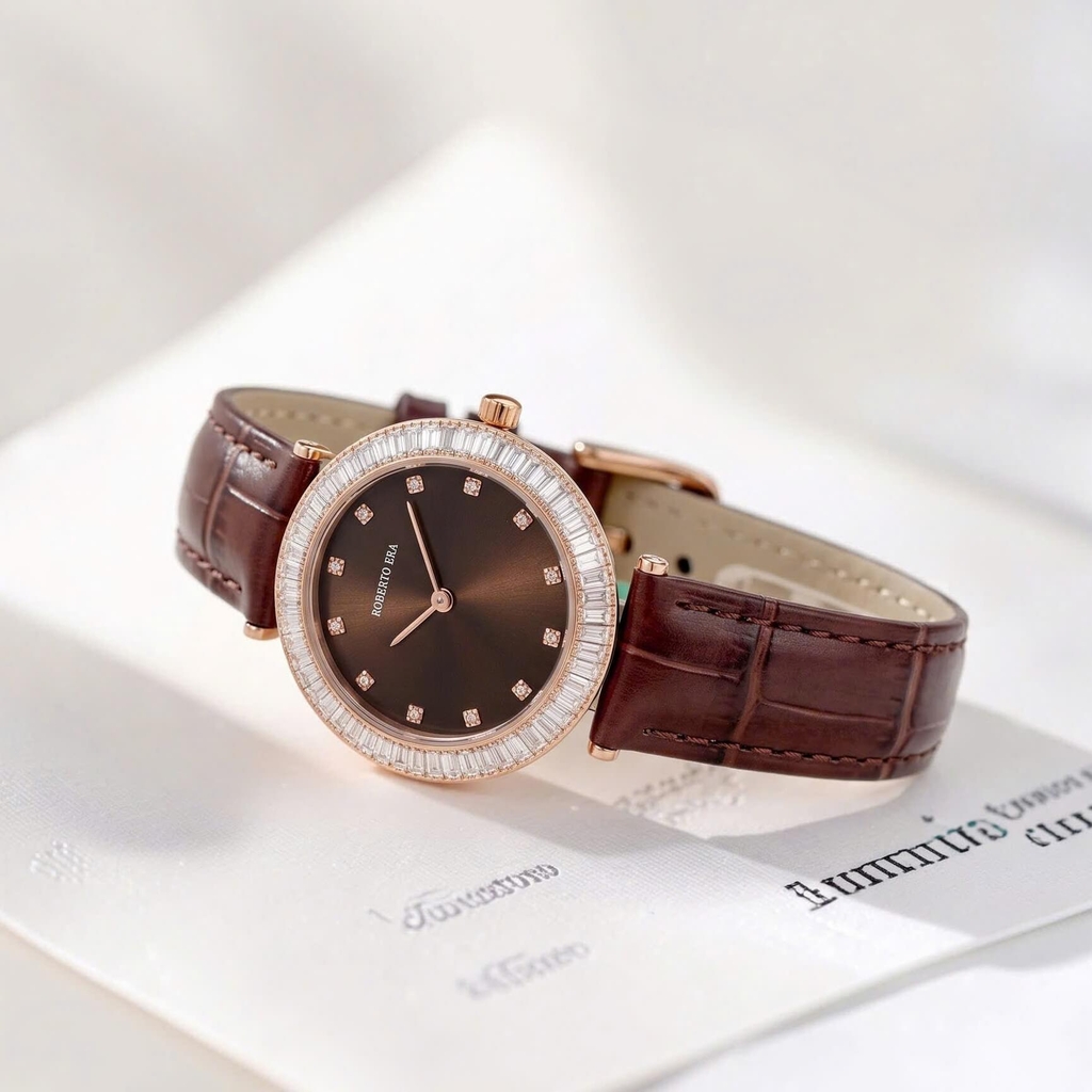 Đồng Hồ Nữ Roberto Era Chính Hãng Dây Da Nâu Mặt Nâu Đính Đá Rose Gold Size 33mm RE1800