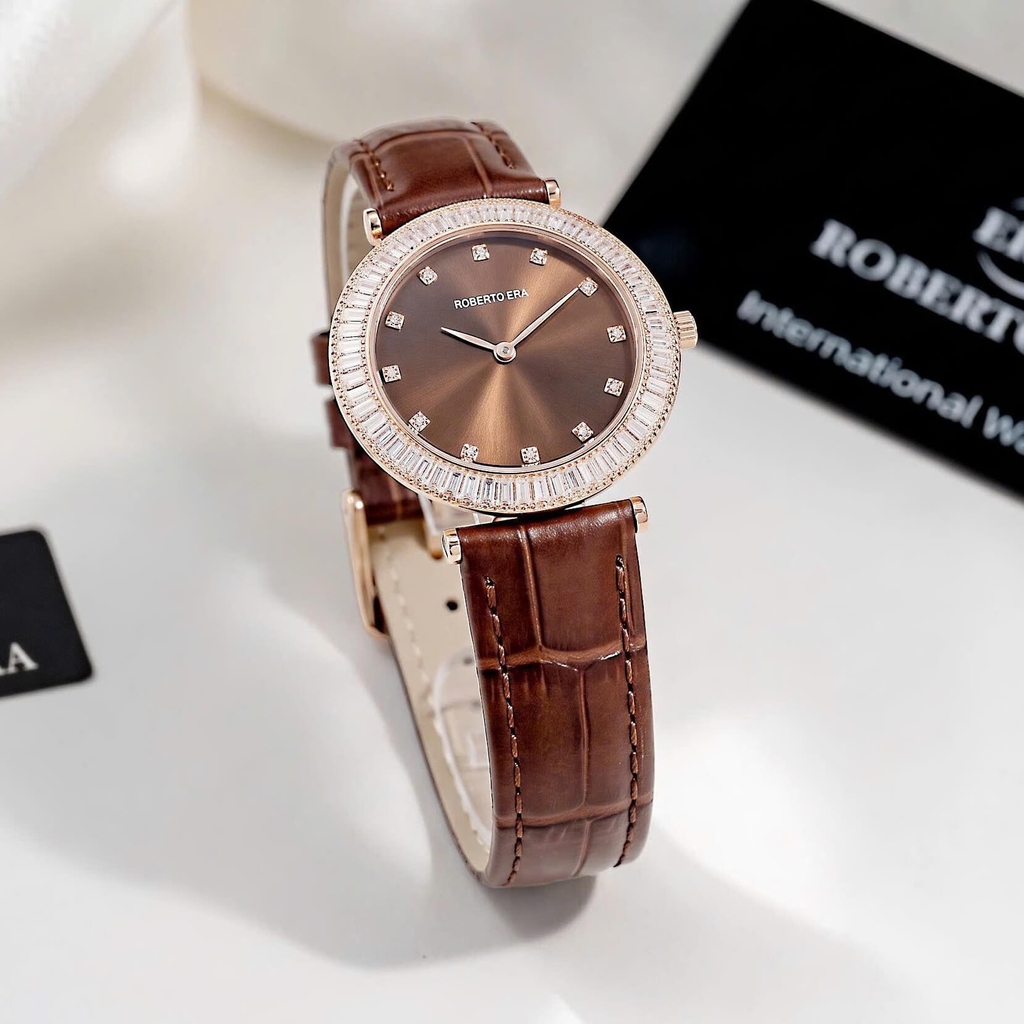 Đồng Hồ Nữ Roberto Era Chính Hãng Dây Da Nâu Mặt Nâu Đính Đá Rose Gold Size 33mm RE1800
