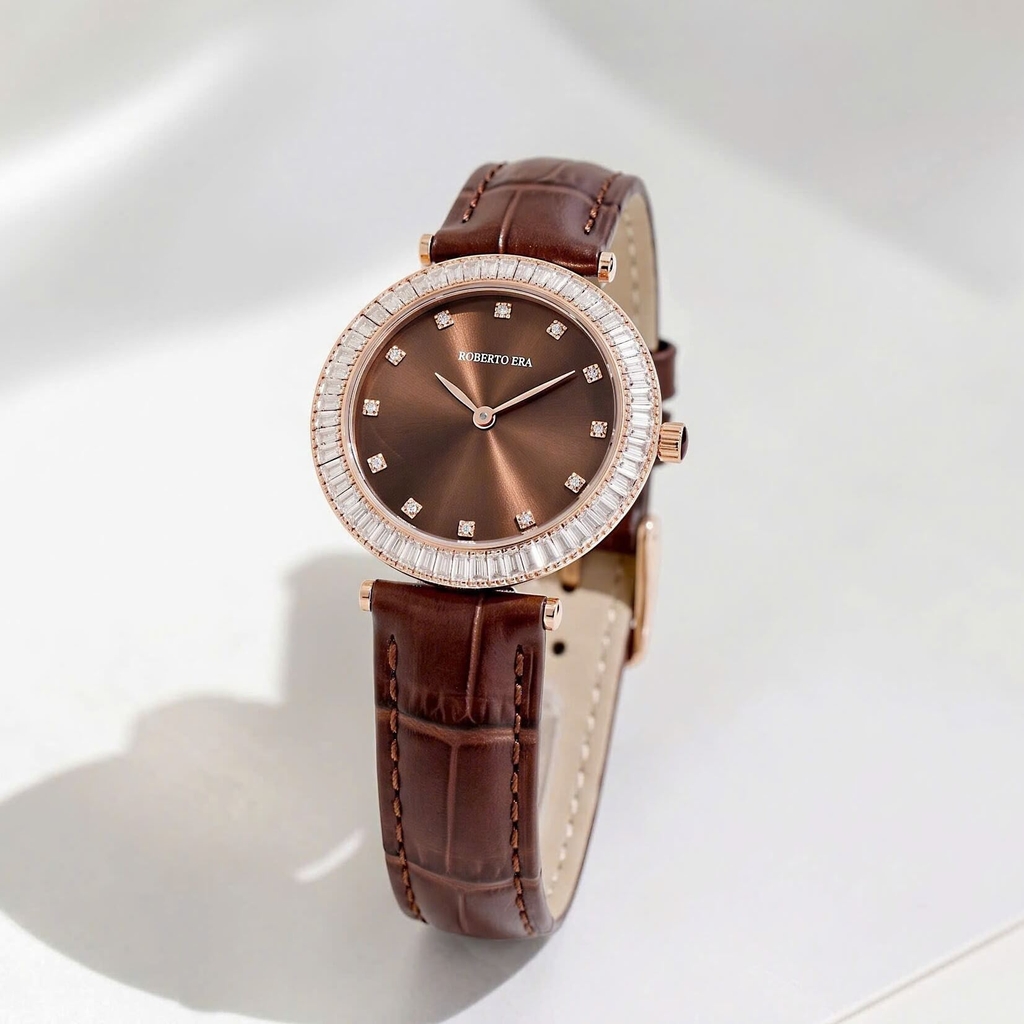 Đồng Hồ Nữ Roberto Era Chính Hãng Dây Da Nâu Mặt Nâu Đính Đá Rose Gold Size 33mm RE1800