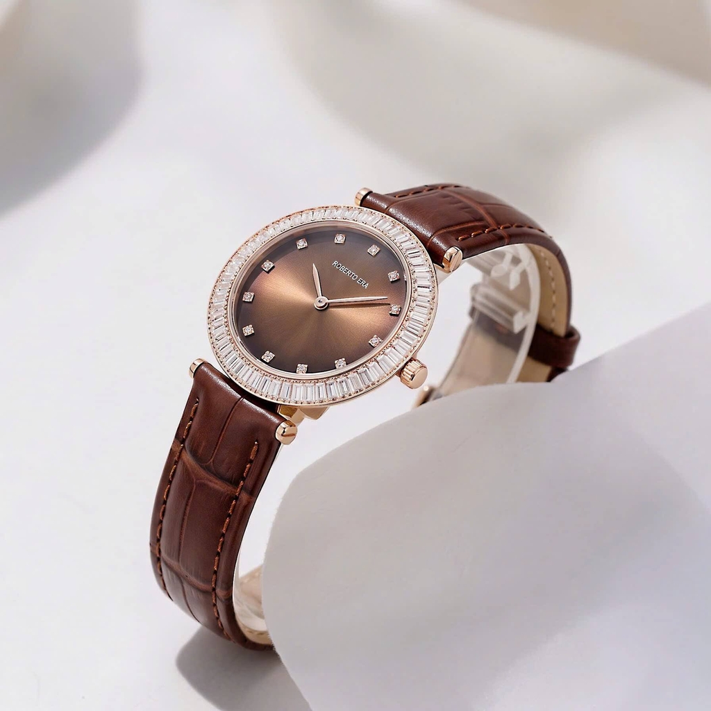 Đồng Hồ Nữ Roberto Era Chính Hãng Dây Da Nâu Mặt Nâu Đính Đá Rose Gold Size 33mm RE1800