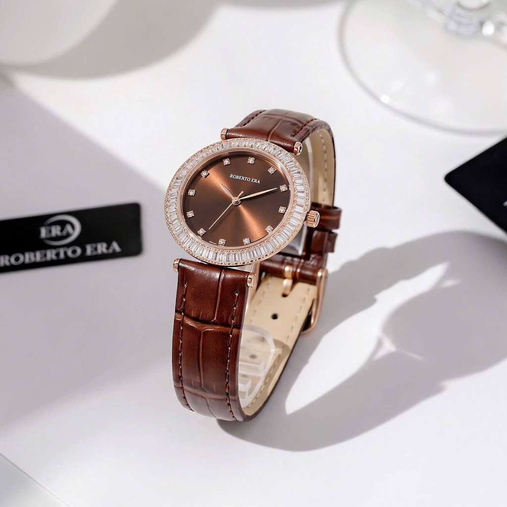 Đồng Hồ Nữ Roberto Era Chính Hãng Dây Da Nâu Mặt Nâu Đính Đá Rose Gold Size 33mm RE1800
