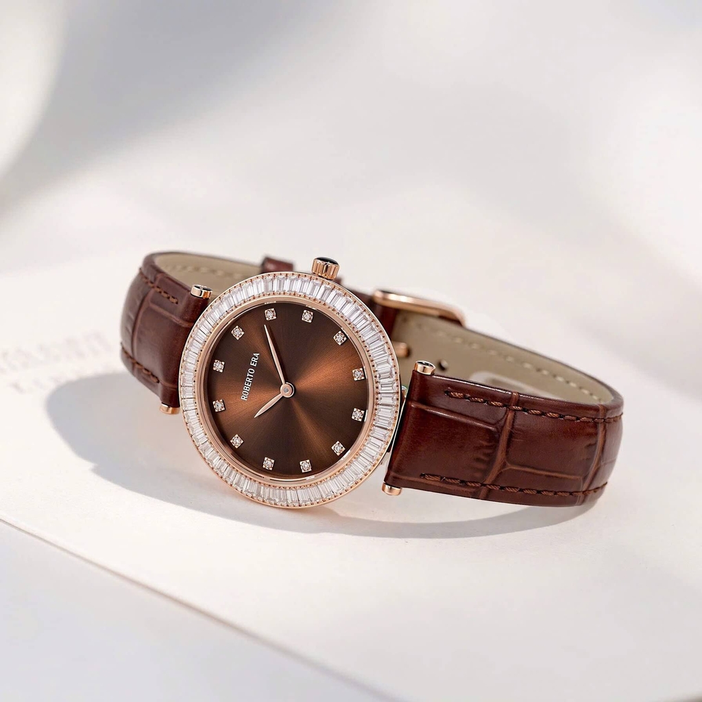 Đồng Hồ Nữ Roberto Era Chính Hãng Dây Da Nâu Mặt Nâu Đính Đá Rose Gold Size 33mm RE1800