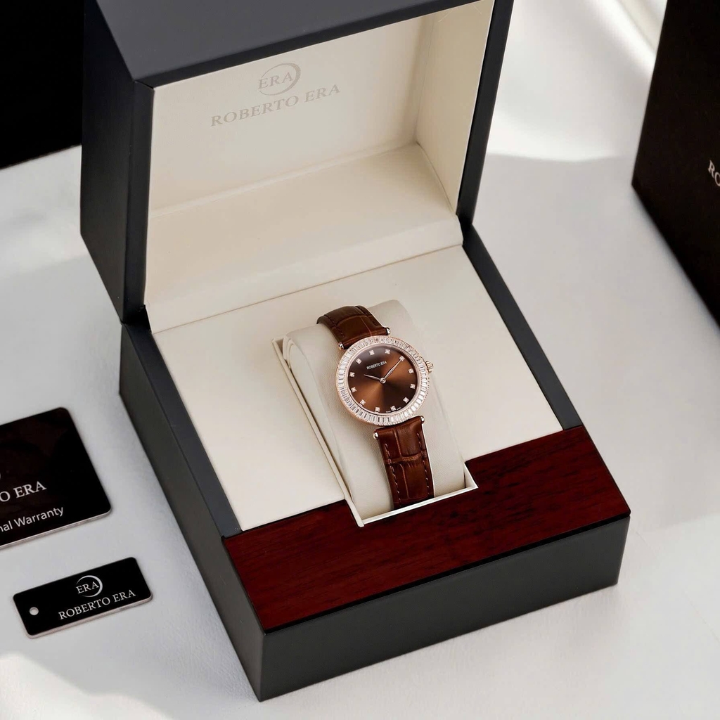Đồng Hồ Nữ Roberto Era Chính Hãng Dây Da Nâu Mặt Nâu Đính Đá Rose Gold Size 33mm RE1800