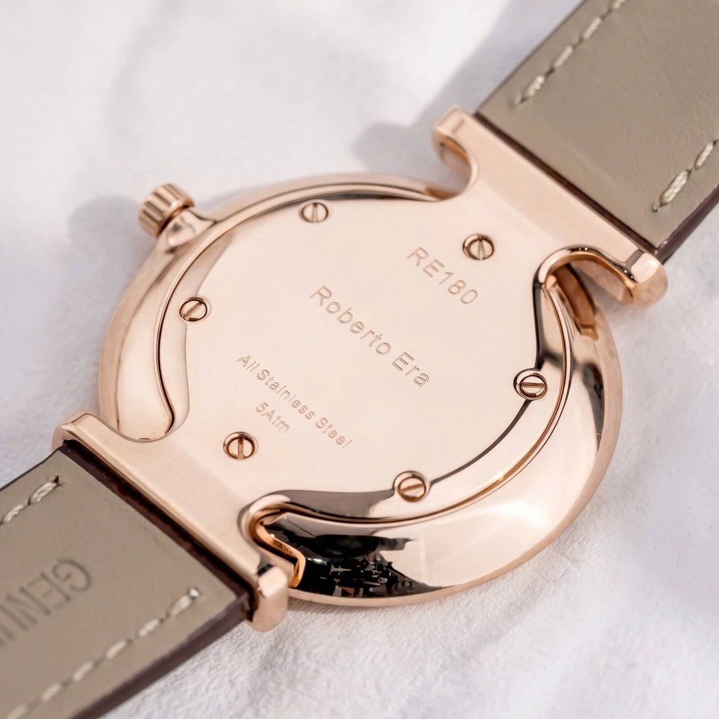 Đồng Hồ Nữ Roberto Era Chính Hãng Dây Da Nâu Mặt Nâu Đính Đá Rose Gold Size 33mm RE1800