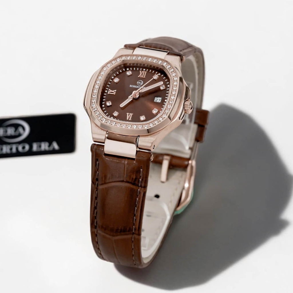 Đồng Hồ Nữ Roberto Era Chính Hãng Dây Da Nâu Mặt Nâu Vỏ Rose Size 20x30mm RE150