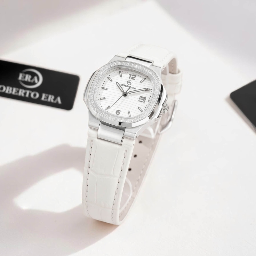 Đồng Hồ Nữ Roberto Era Chính Hãng Dây Da Trắng Mặt Trắng Vỏ Thép Silver Size 20x30mm RE150