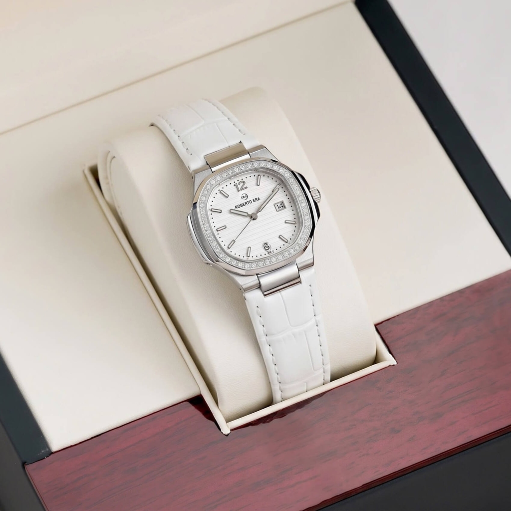 Đồng Hồ Nữ Roberto Era Chính Hãng Dây Da Trắng Mặt Trắng Vỏ Thép Silver Size 20x30mm RE150