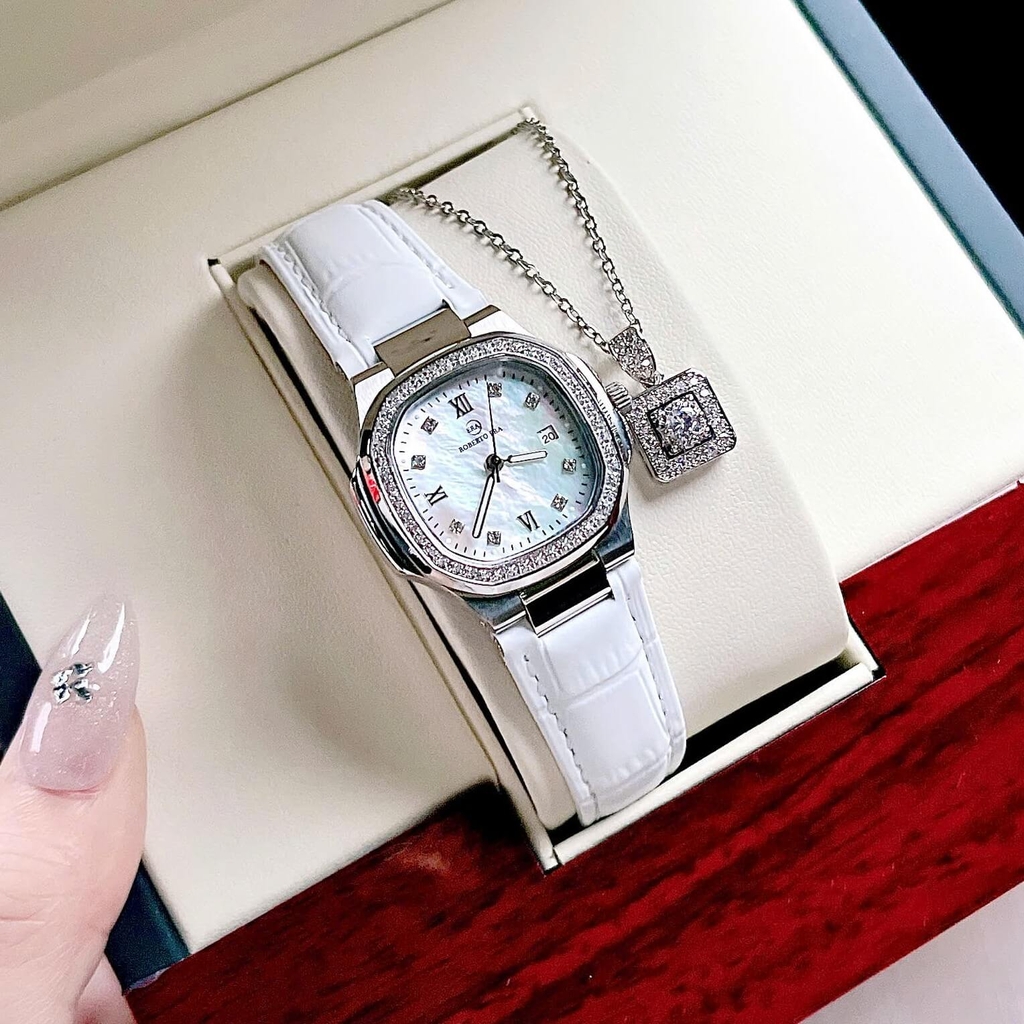 Đồng Hồ Nữ Roberto Era Chính Hãng Dây Da Trắng Mặt Trắng Vỏ Thép Silver Size 20x30mm RE1500 Tặng Kèm Phụ Kiện