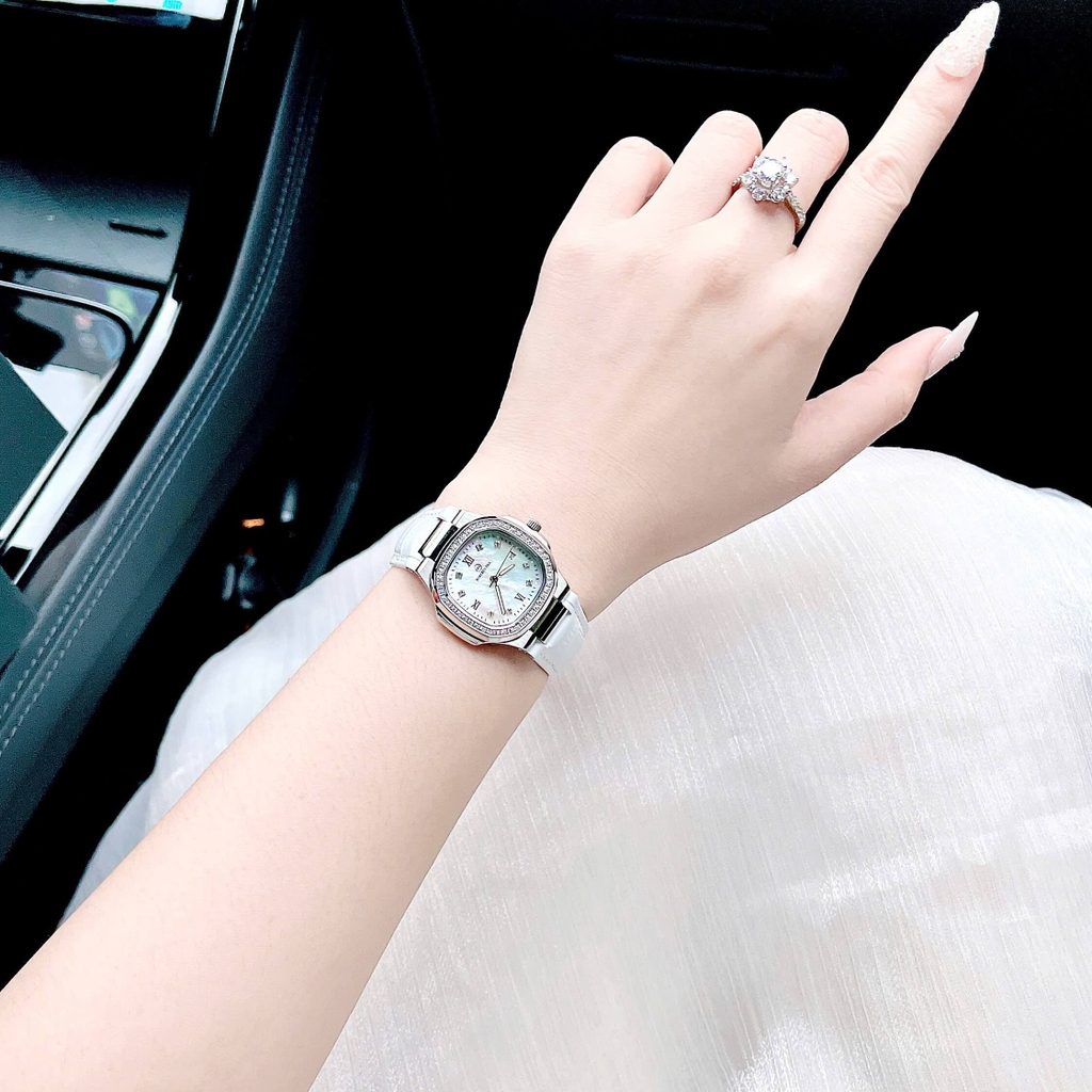 Đồng Hồ Nữ Roberto Era Chính Hãng Dây Da Trắng Mặt Trắng Vỏ Thép Silver Size 20x30mm RE1500 Tặng Kèm Phụ Kiện