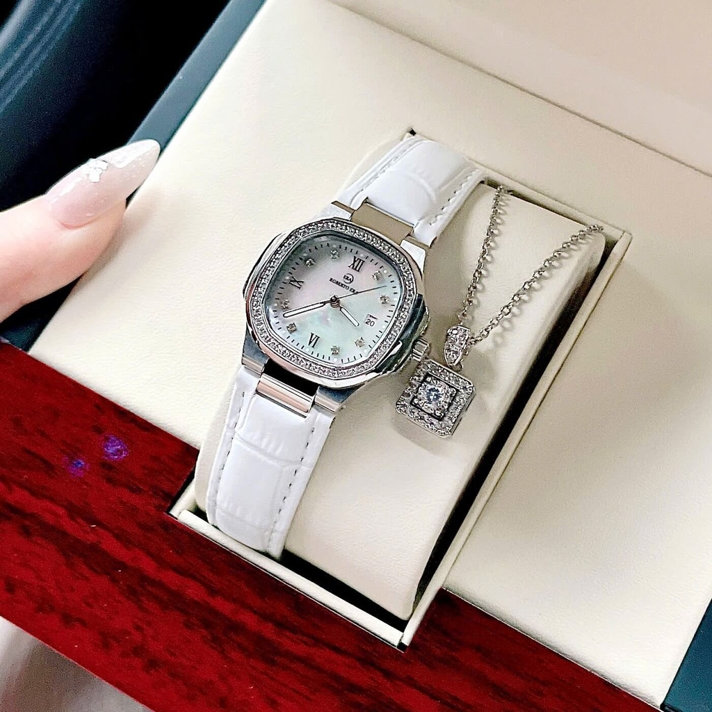 Đồng Hồ Nữ Roberto Era Chính Hãng Dây Da Trắng Mặt Trắng Vỏ Thép Silver Size 20x30mm RE1500 Tặng Kèm Phụ Kiện