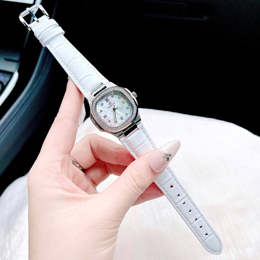 Đồng Hồ Nữ Roberto Era Chính Hãng Dây Da Trắng Mặt Trắng Vỏ Thép Silver Size 20x30mm RE1500 Tặng Kèm Phụ Kiện