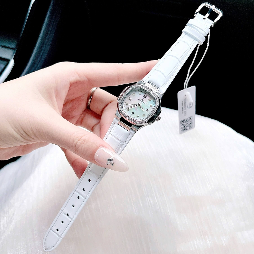 Đồng Hồ Nữ Roberto Era Chính Hãng Dây Da Trắng Mặt Trắng Vỏ Thép Silver Size 20x30mm RE1500 Tặng Kèm Phụ Kiện