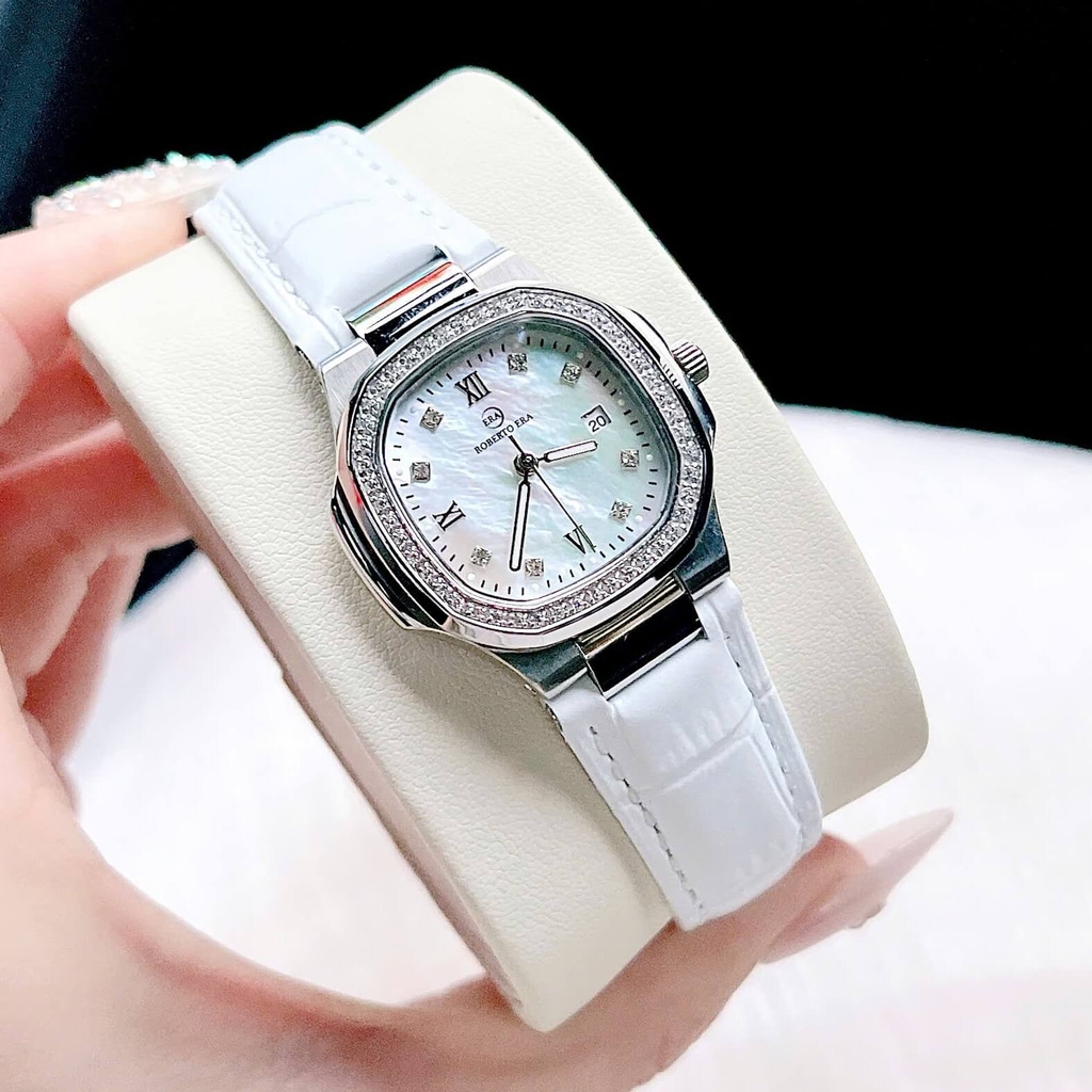 Đồng Hồ Nữ Roberto Era Chính Hãng Dây Da Trắng Mặt Trắng Vỏ Thép Silver Size 20x30mm RE1500 Tặng Kèm Phụ Kiện