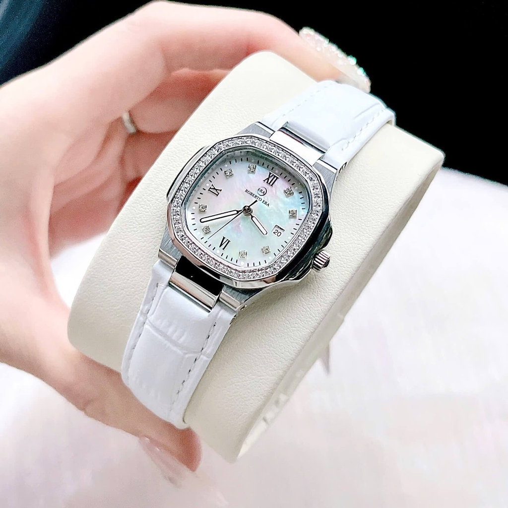 Đồng Hồ Nữ Roberto Era Chính Hãng Dây Da Trắng Mặt Trắng Vỏ Thép Silver Size 20x30mm RE1500 Tặng Kèm Phụ Kiện