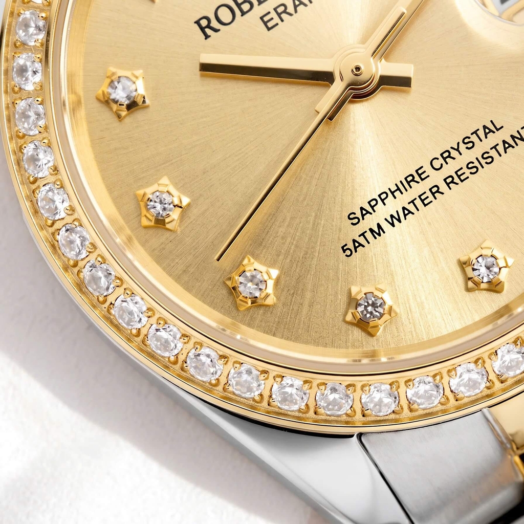 Đồng Hồ Nữ Roberto Era Chính Hãng Dây Demi Vàng Mặt Vàng Size 28mm Viền Đính Đá RE1202A