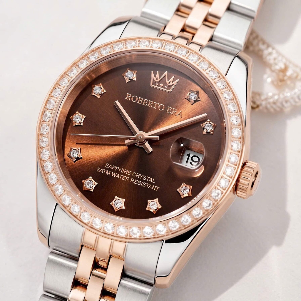 Đồng Hồ Nữ Roberto Era Chính Hãng Dây Demi Rose Mặt Nâu Size 28mm Viền Đính Đá RE1200A