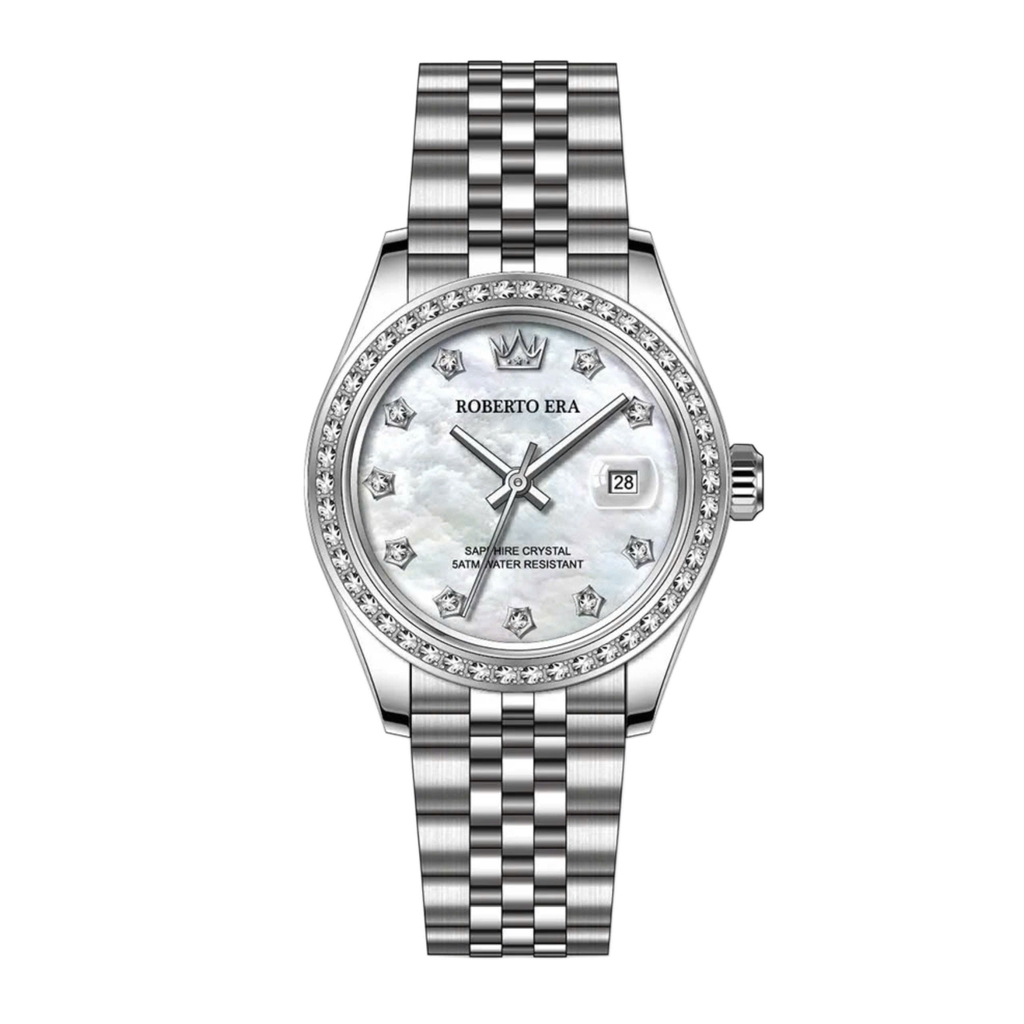 Đồng Hồ Nữ Roberto Era Chính Hãng Dây Thép Bạc Mặt Xà Cừ Trắng Size 28mm Viền Đính Đá RE1201A