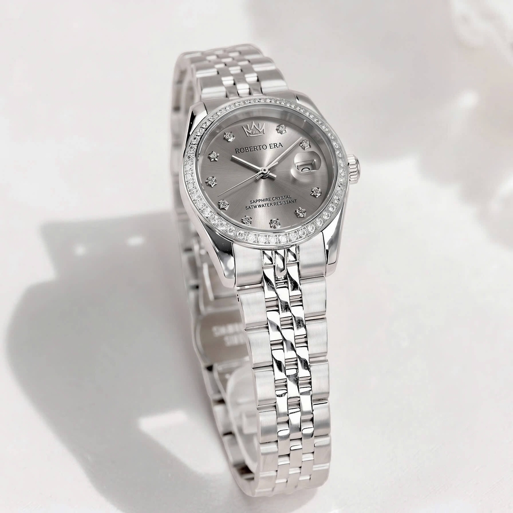 Đồng Hồ Nữ Roberto Era Chính Hãng Dây Thép Bạc Mặt Xám Size 28mm Viền Đính Đá RE1204A