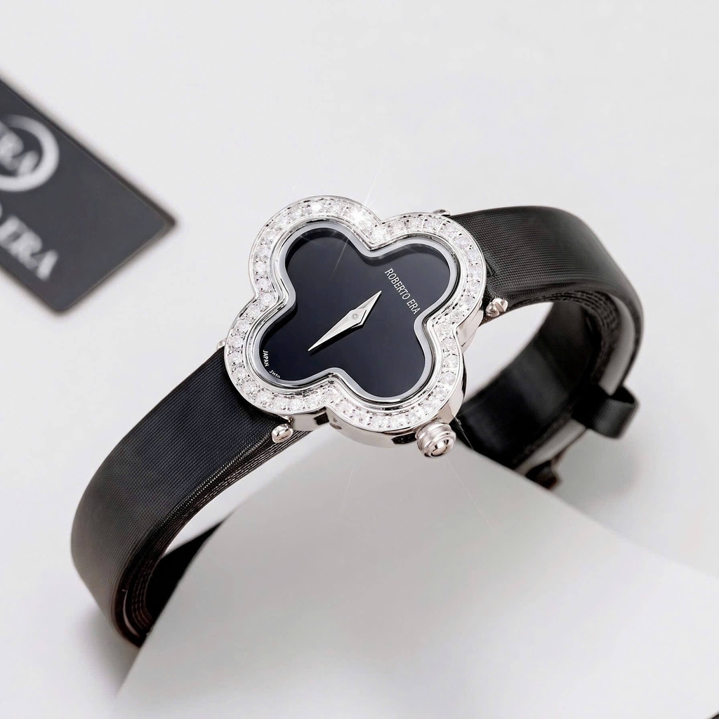 Đồng Hồ Nữ Roberto Era Dây Da Đen Mặt Cỏ 4 Lá Viền Đá Silver Size 28mm ER2602 Chính Hãng