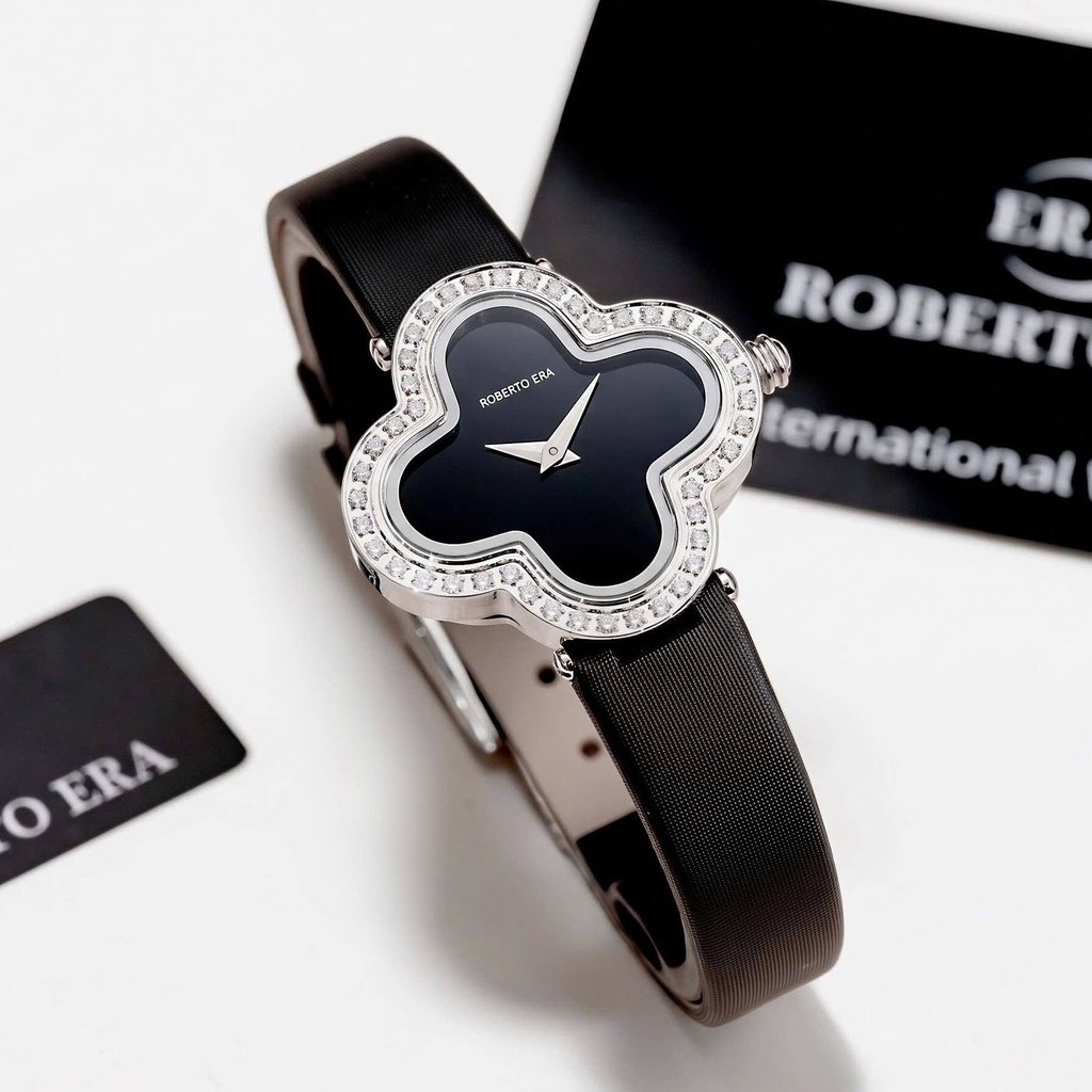 Đồng Hồ Nữ Roberto Era Dây Da Đen Mặt Cỏ 4 Lá Viền Đá Silver Size 28mm ER2602 Chính Hãng