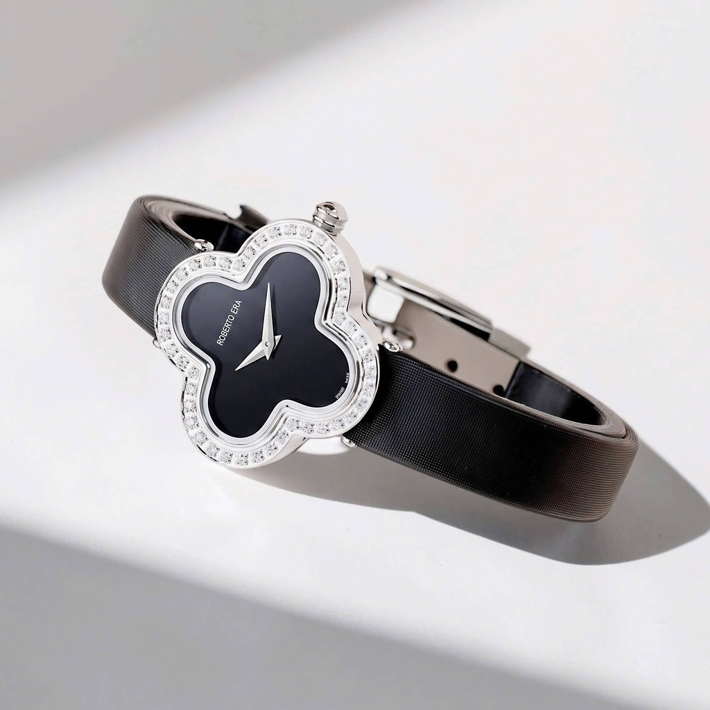 Đồng Hồ Nữ Roberto Era Dây Da Đen Mặt Cỏ 4 Lá Viền Đá Silver Size 28mm ER2602 Chính Hãng
