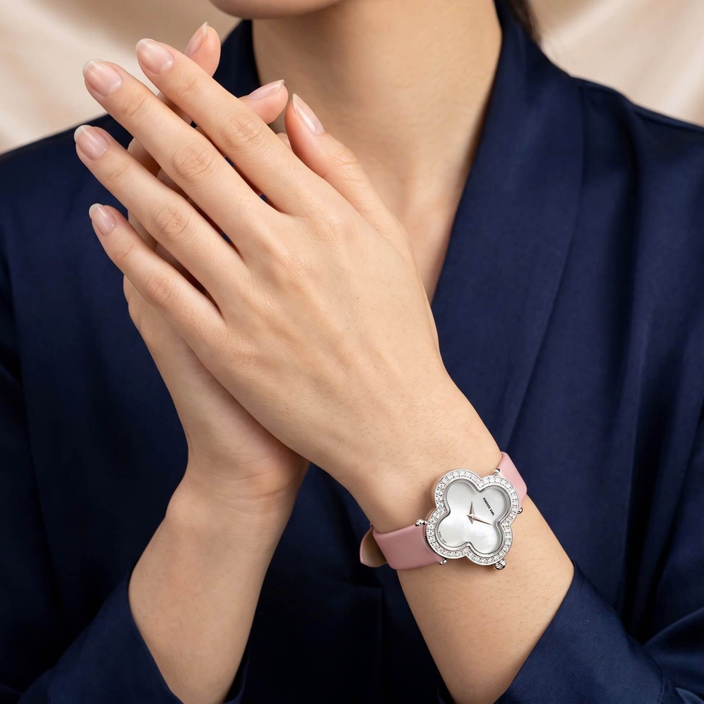 Đồng Hồ Nữ Roberto Era Dây Da Hồng Mặt Cỏ 4 Lá Xà Cừ Trắng Viền Đá Size 28mm ER260 Chính Hãng