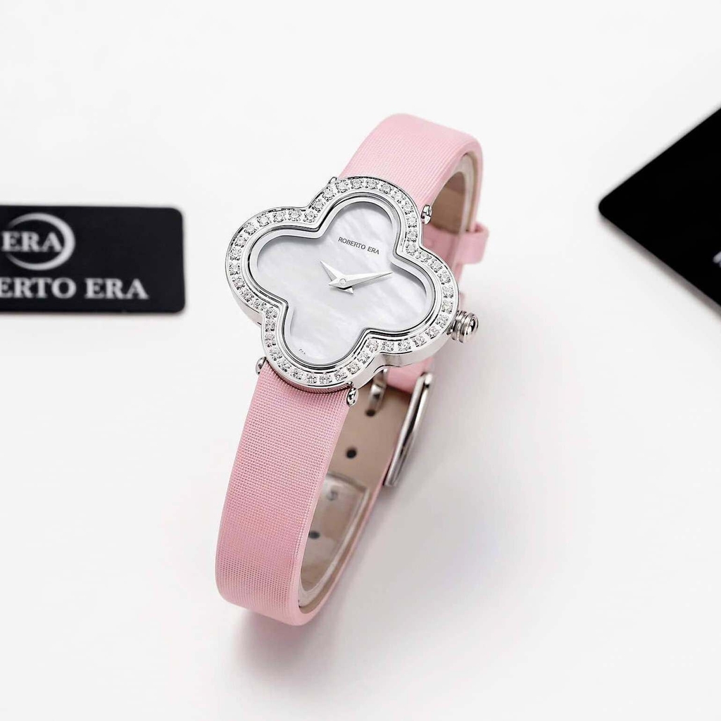 Đồng Hồ Nữ Roberto Era Dây Da Hồng Mặt Cỏ 4 Lá Xà Cừ Trắng Viền Đá Size 28mm ER260 Chính Hãng