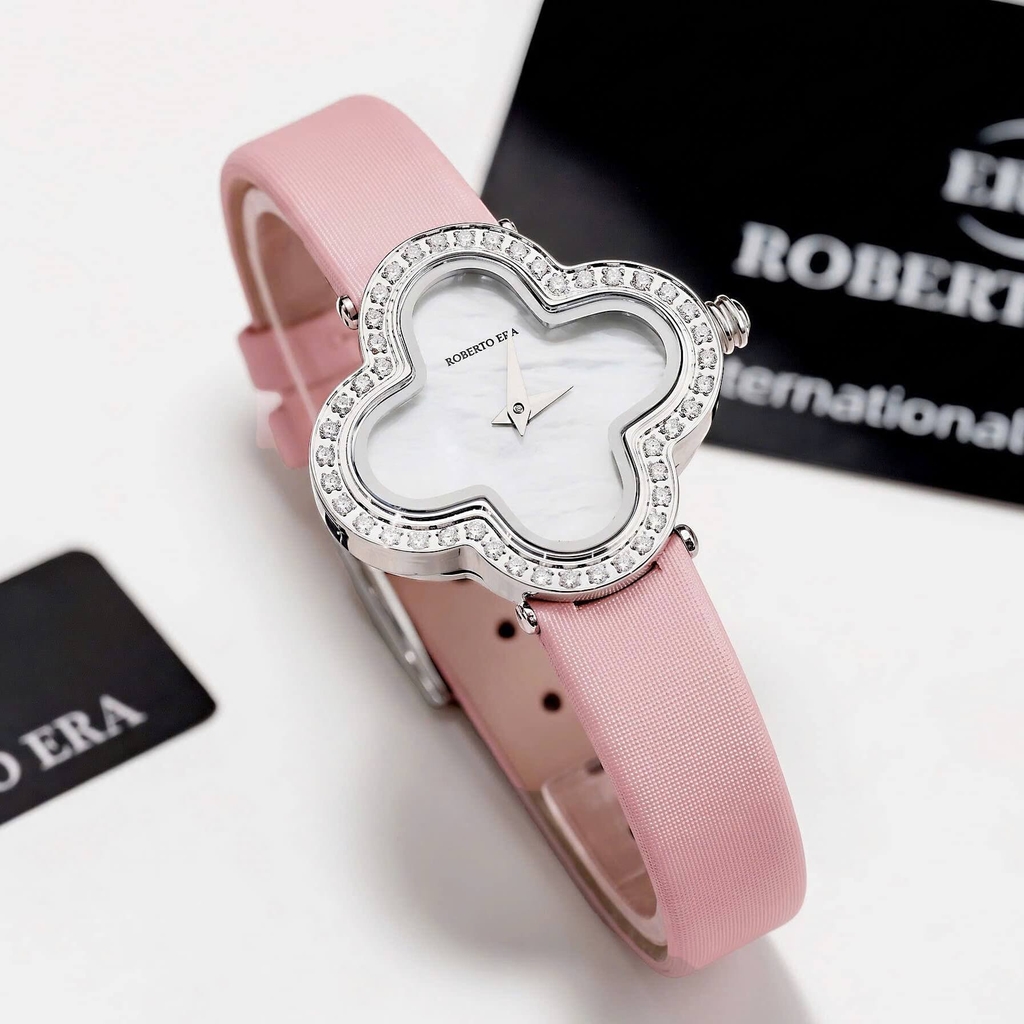 Đồng Hồ Nữ Roberto Era Dây Da Hồng Mặt Cỏ 4 Lá Xà Cừ Trắng Viền Đá Size 28mm ER260 Chính Hãng