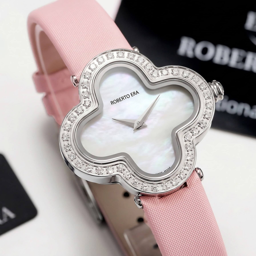 Đồng Hồ Nữ Roberto Era Dây Da Hồng Mặt Cỏ 4 Lá Xà Cừ Trắng Viền Đá Size 28mm ER260 Chính Hãng