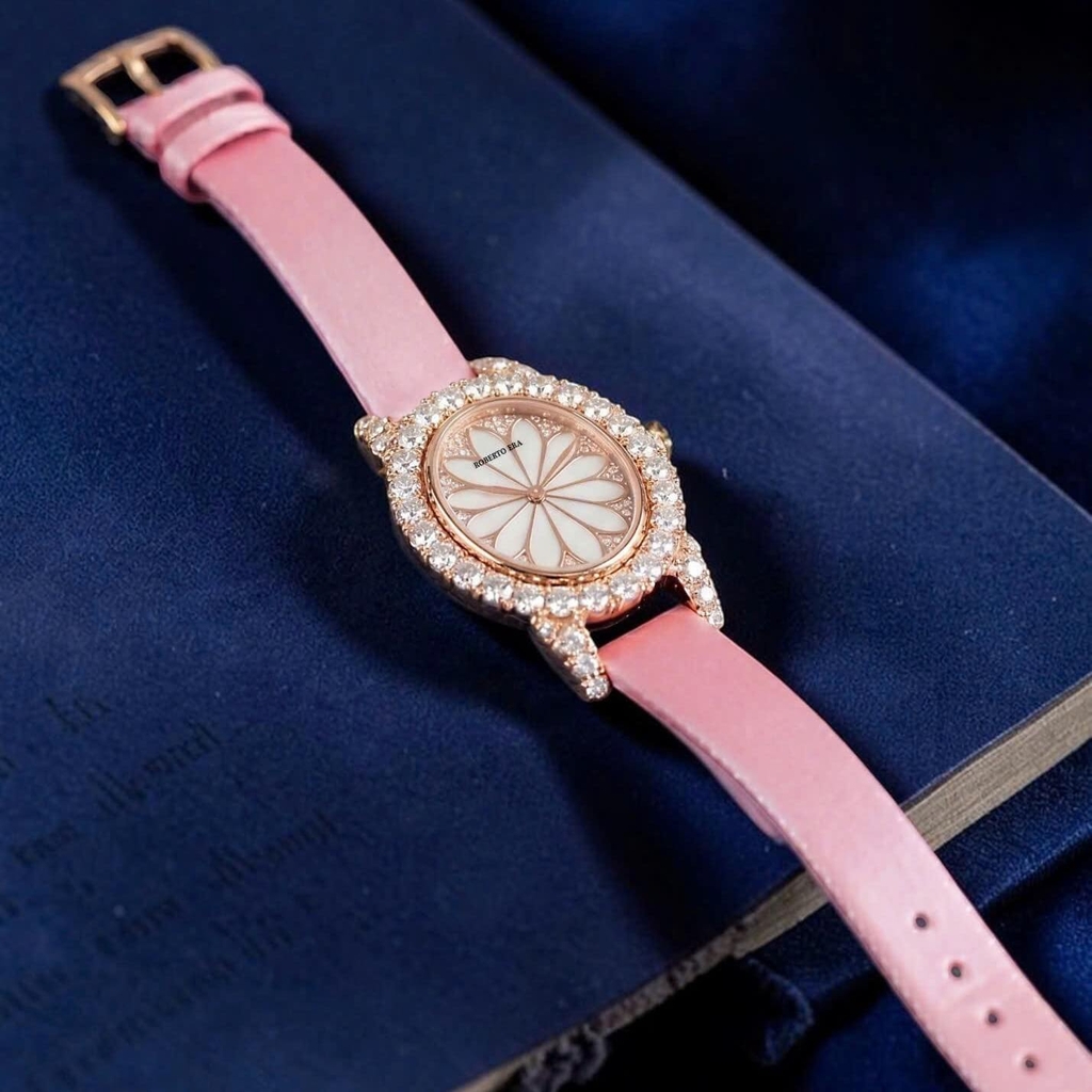 Đồng Hồ Nữ Roberto Era Dây Da Lụa Hồng Mặt Oval Họa Tiết 12 Cánh Hoa Size 33mm Viền Đá Rose RE2208