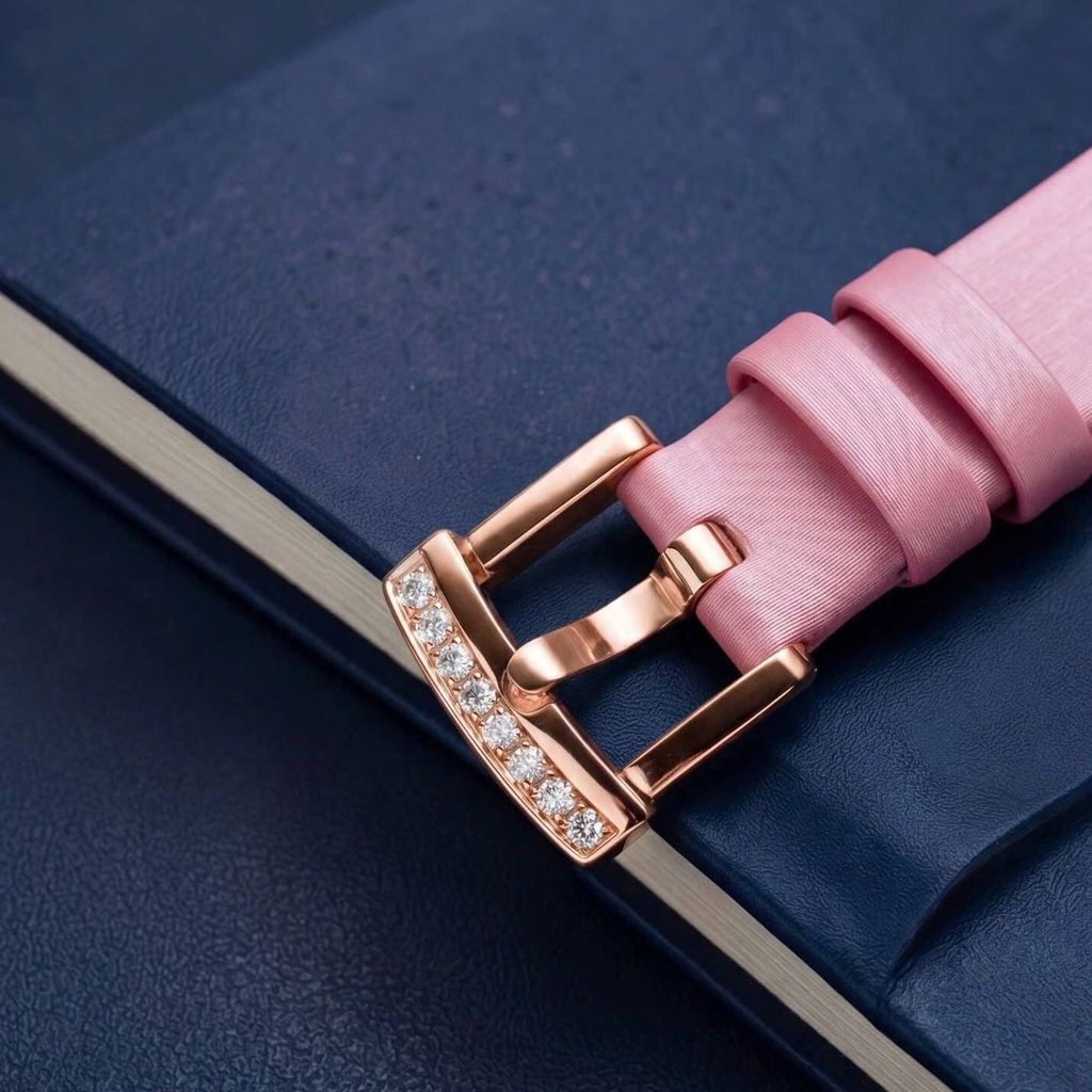 Đồng Hồ Nữ Roberto Era Dây Da Lụa Hồng Mặt Oval Họa Tiết 12 Cánh Hoa Size 33mm Viền Đá Rose RE2208