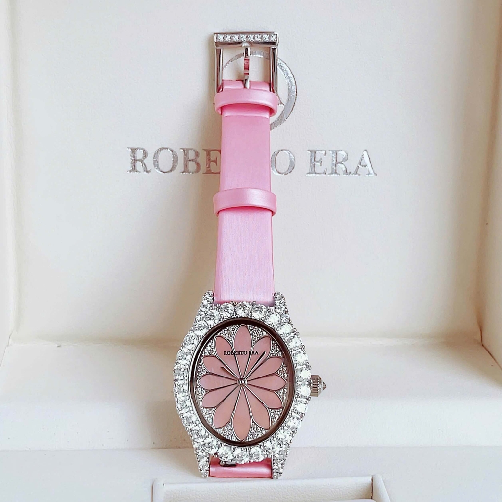 Đồng Hồ Nữ Roberto Era Dây Da Lụa Hồng Mặt Oval Họa Tiết 12 Cánh Hoa Size 33mm Viền Đá Silver RE2205