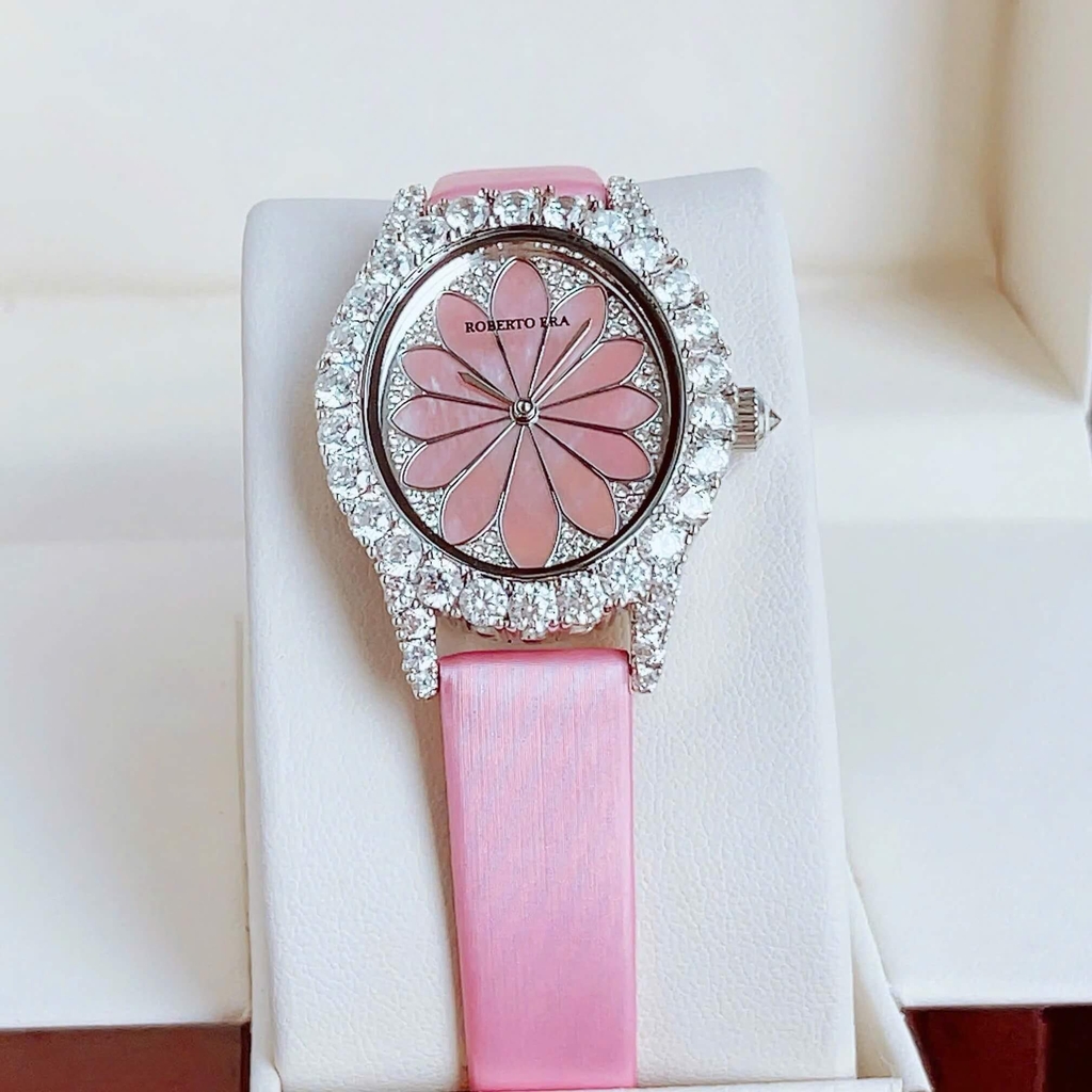 Đồng Hồ Nữ Roberto Era Dây Da Lụa Hồng Mặt Oval Họa Tiết 12 Cánh Hoa Size 33mm Viền Đá Silver RE2205