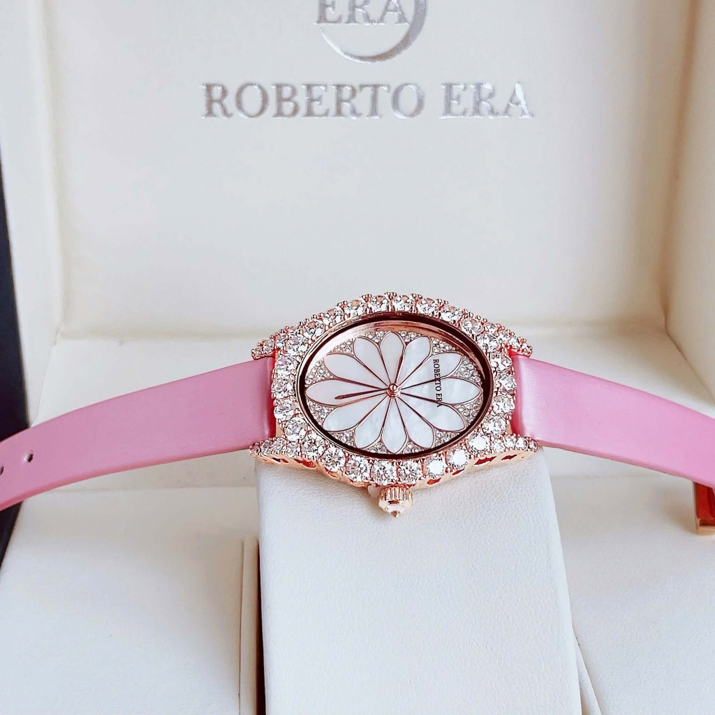Đồng Hồ Nữ Roberto Era Dây Da Lụa Hồng Mặt Oval Họa Tiết 12 Cánh Hoa Vỏ Rose Size 33mm RE2208