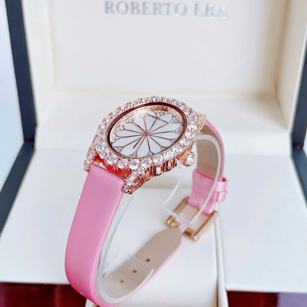 Đồng Hồ Nữ Roberto Era Dây Da Lụa Hồng Mặt Oval Họa Tiết 12 Cánh Hoa Vỏ Rose Size 33mm RE2208