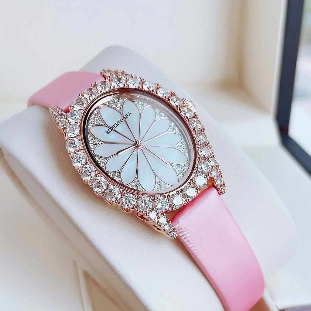 Đồng Hồ Nữ Roberto Era Dây Da Lụa Hồng Mặt Oval Họa Tiết 12 Cánh Hoa Vỏ Rose Size 33mm RE2208