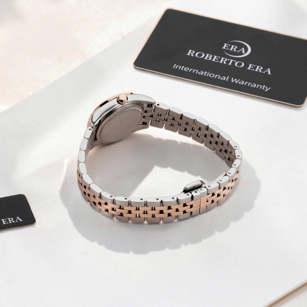 Đồng Hồ Nữ Roberto Era Dây Thép Demi Vàng Hồng Mặt Nâu Chocolate Niềng Trơn Size 28mm RE1200B