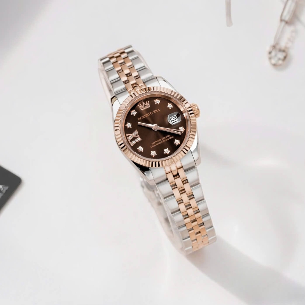 Đồng Hồ Nữ Roberto Era Dây Thép Demi Rose Mặt Nâu Chocolate Niềng Khía Size 28mm RE1201