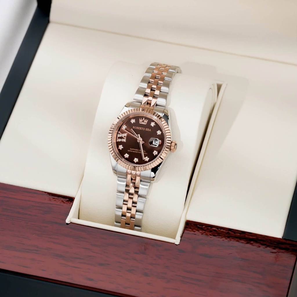 Đồng Hồ Nữ Roberto Era Dây Thép Demi Rose Mặt Nâu Chocolate Niềng Khía Size 28mm RE1201