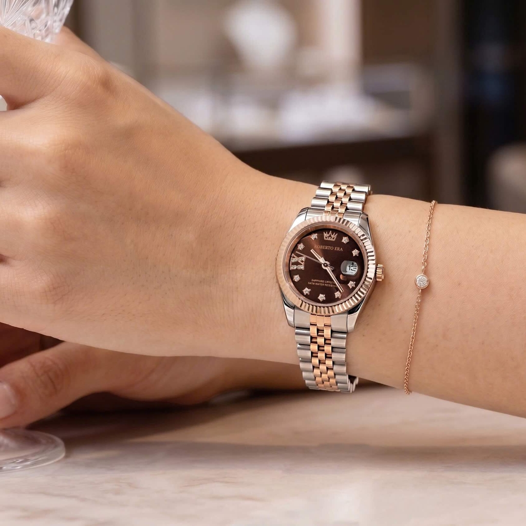 Đồng Hồ Nữ Roberto Era Dây Thép Demi Rose Mặt Nâu Chocolate Niềng Khía Size 28mm RE1201