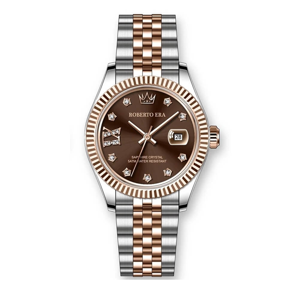Đồng Hồ Nữ Roberto Era Dây Thép Demi Rose Mặt Nâu Chocolate Niềng Khía Size 28mm RE1201