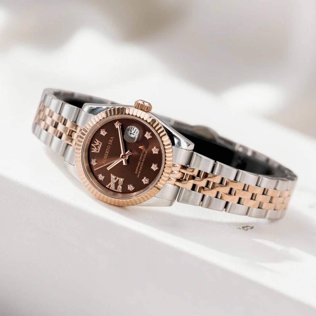Đồng Hồ Nữ Roberto Era Dây Thép Demi Rose Mặt Nâu Chocolate Niềng Khía Size 28mm RE1201