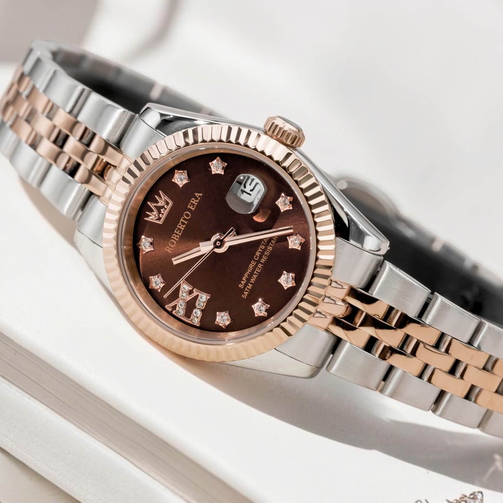 Đồng Hồ Nữ Roberto Era Dây Thép Demi Rose Mặt Nâu Chocolate Niềng Khía Size 28mm RE1201