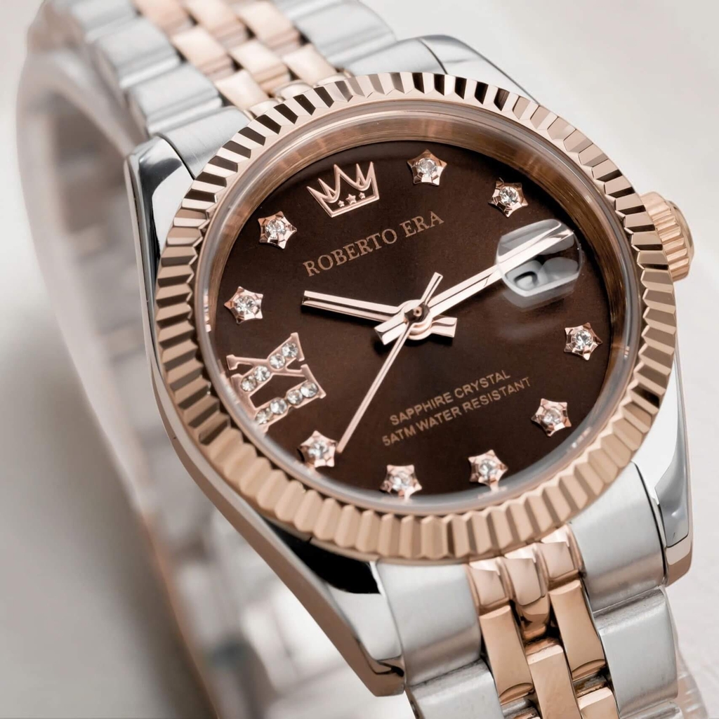 Đồng Hồ Nữ Roberto Era Dây Thép Demi Rose Mặt Nâu Chocolate Niềng Khía Size 28mm RE1201