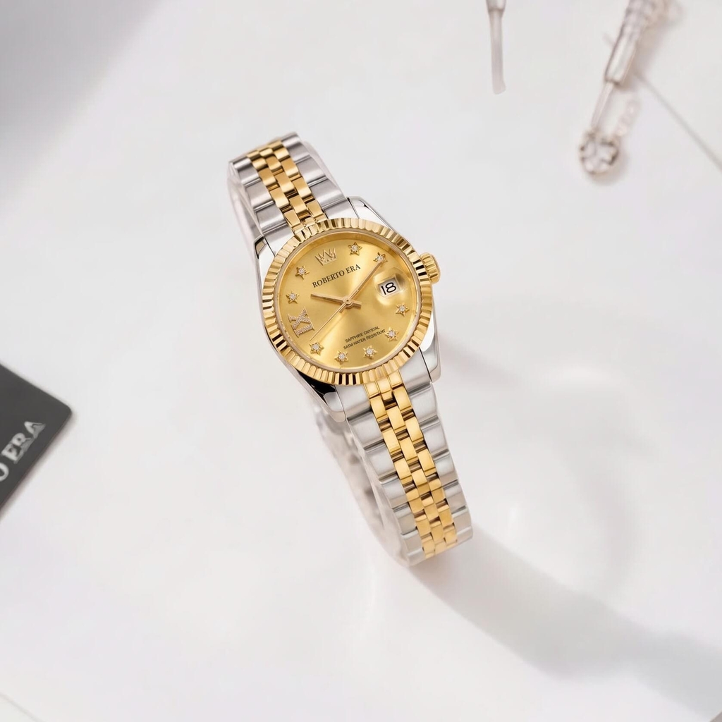 Đồng Hồ Nữ Roberto Era Dây Thép Demi Vàng Gold Mặt Vàng Niềng Khía Size 28mm RE1202