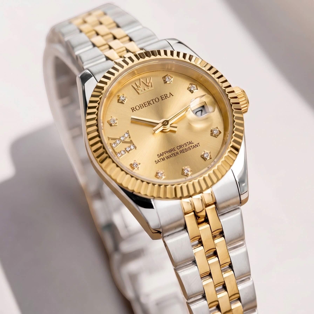 Đồng Hồ Nữ Roberto Era Dây Thép Demi Vàng Gold Mặt Vàng Niềng Khía Size 28mm RE1202