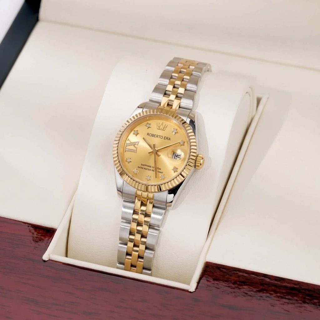 Đồng Hồ Nữ Roberto Era Dây Thép Demi Vàng Gold Mặt Vàng Niềng Khía Size 28mm RE1202