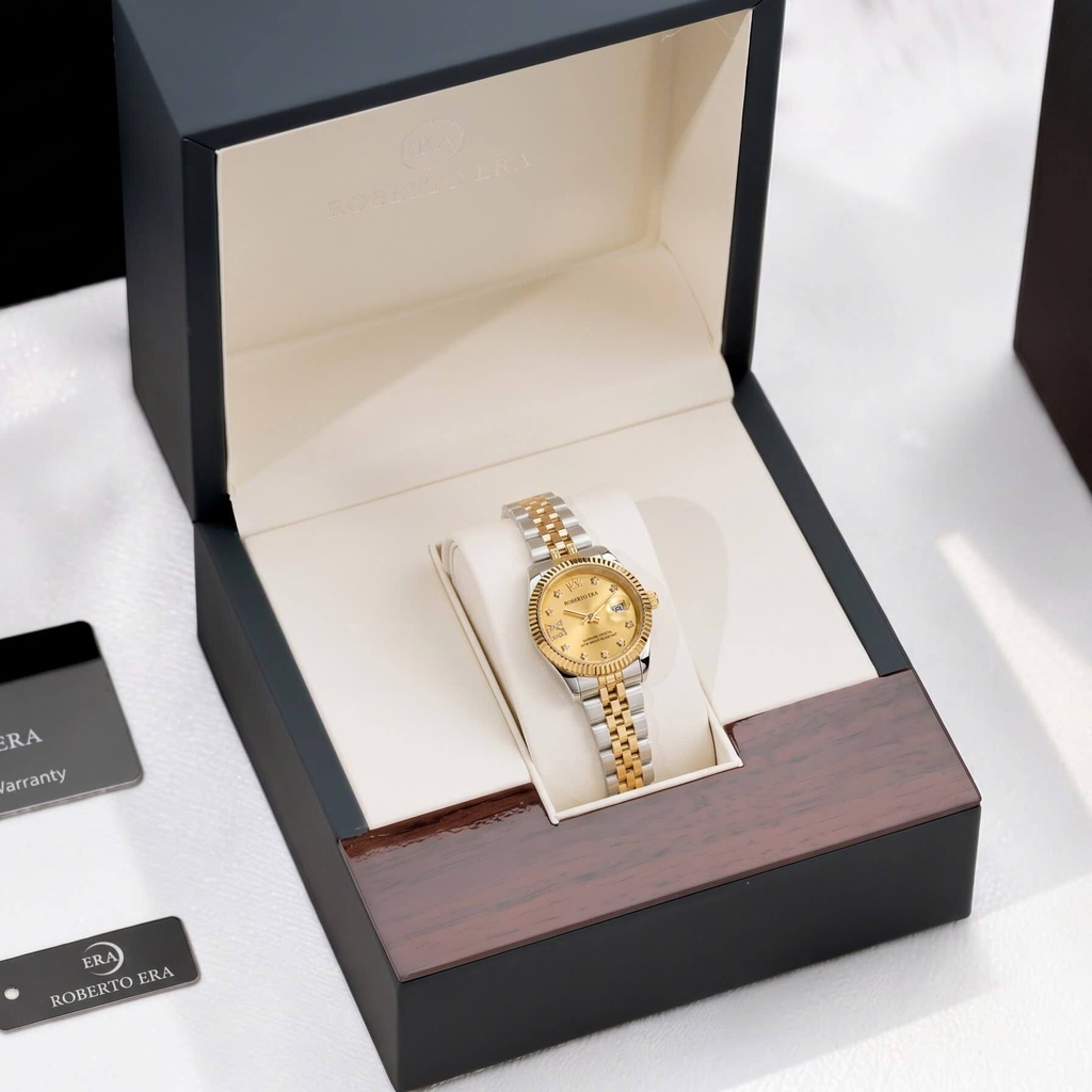 Đồng Hồ Nữ Roberto Era Dây Thép Demi Vàng Gold Mặt Vàng Niềng Khía Size 28mm RE1202