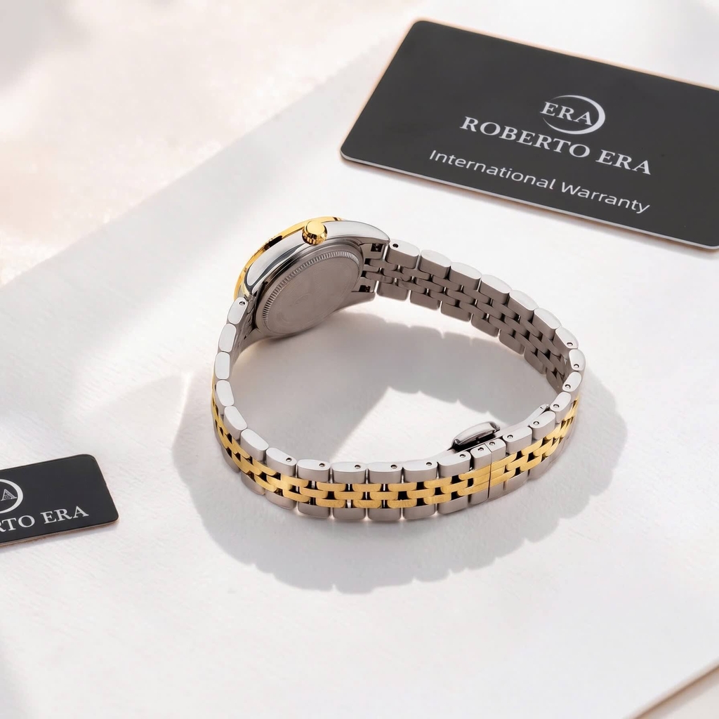 Đồng Hồ Nữ Roberto Era Dây Thép Demi Vàng Gold Mặt Vàng Niềng Khía Size 28mm RE1202