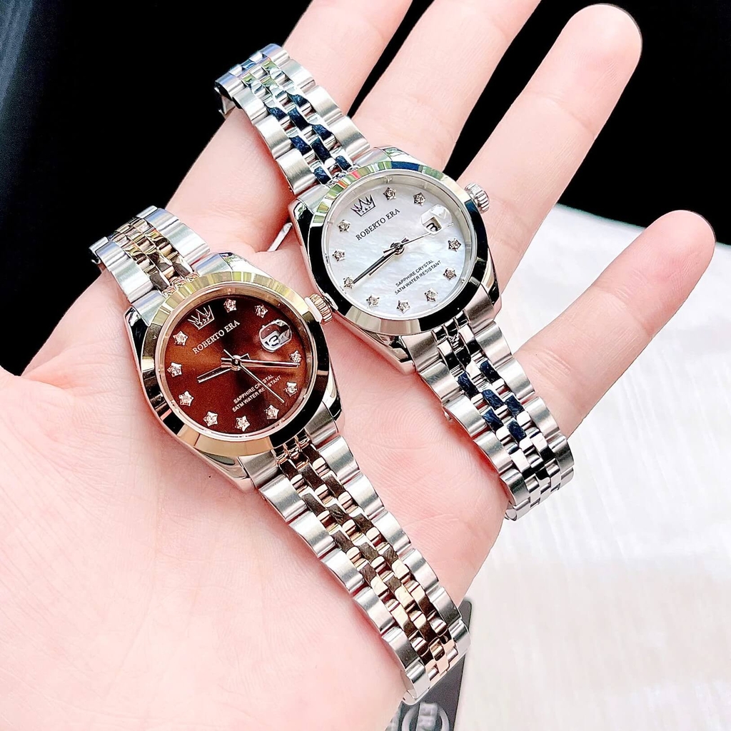 Đồng Hồ Nữ Roberto Era Dây Thép Demi Vàng Hồng Mặt Nâu Chocolate Niềng Trơn Size 28mm RE1200B